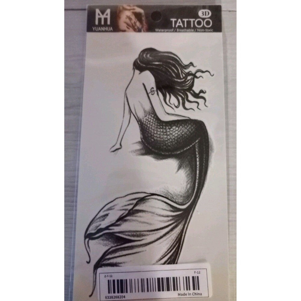 Mermaid Body Tattoo Transfer Black & Gray Body Art 6 1/2 X 3 1/4 NIP